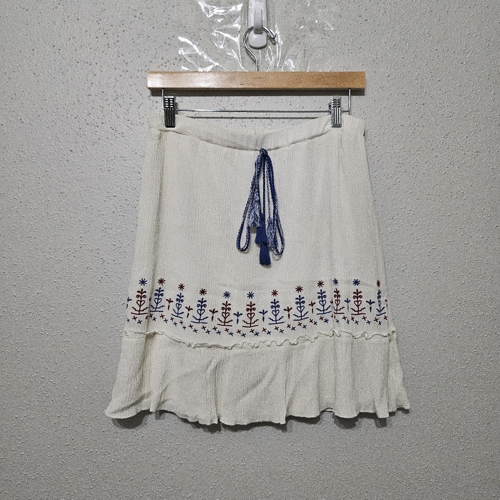 Love Fire Embroidered Boho Mini Skirt Tassel Tie‎ Cream Cottagecore Festival L